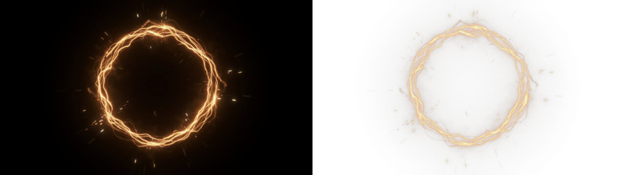 Abstract electrical glowing golden circle portal with flying sparks on black background futuristic magic energy ring loop effect isolated on transparent background