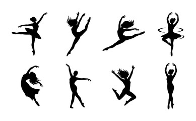 Ballet dancer silhouettes set in various poses, performance and grace for dance studios © Sadiya