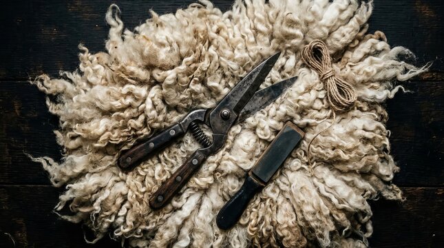 Antique shearing scissors and raw wool fleece on dark wooden background