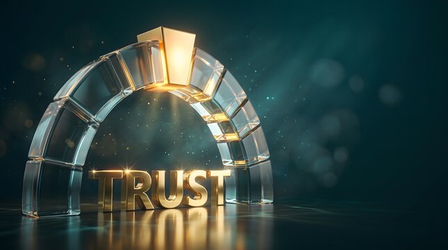 Trust builds reliable business foundation, Glass arch holding glowing keystone, Golden trust text on reflective floor, Ideal for banking security corporate themes