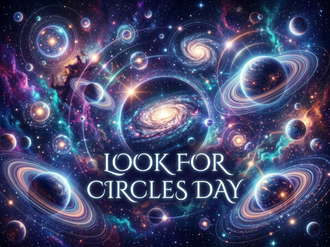 A vibrant digital art illustration featuring a deep space galaxy theme with glowing circular planets and stars and the text look for circles