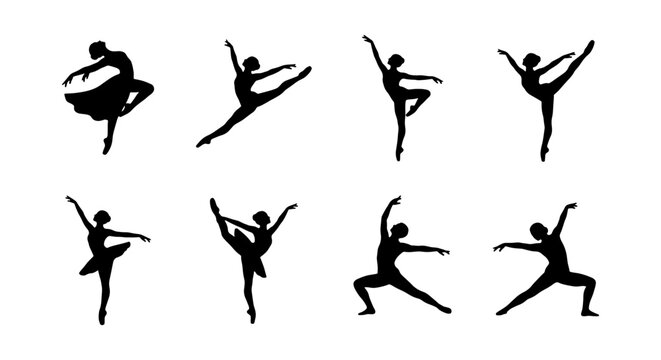 Ballet dancer silhouettes set with figures in various poses for dance and performance