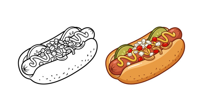 Hot dog vector illustration set featuring black and white line art outline and colorful shaded cartoon styles with sausage, bun, mustard, pickles, onions, and diced tomatoes