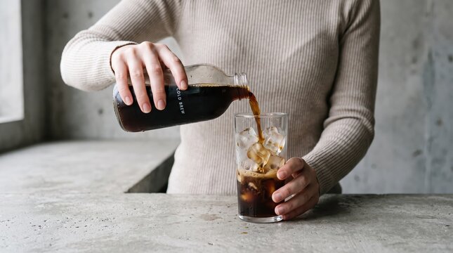 Person pouring cold brew coffee from glass bottle into tall glass with ice cubes, refreshing dark beverage preparation, minimalist beige sweater lifestyle photography with
