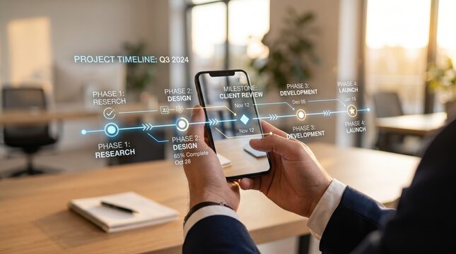Businessman holding a smartphone displaying a futuristic holographic project timeline chart with milestones and phases for Q3 2024 in a bright corporate office environment showing