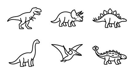 Dinosaur icons set with T-Rex, Triceratops, Stegosaurus, Brontosaurus, Pterodactyl and Ankylosaurus for prehistoric themes © Shovon