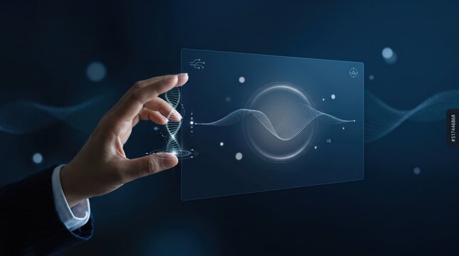Scientist hand touching transparent glass interface displaying dna helix structure and wave pattern graphics representing advanced biotechnology research and genetic analysis in