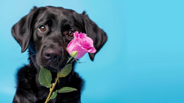 Black Labrador Retriever Holding Pink Flower Against Bright Blue Background for Pet and Nature Photography