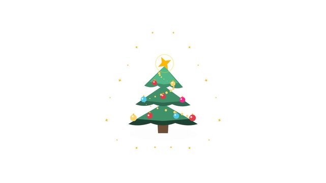 Seamless loop 2D vector animation of a modern layered Christmas pine tree with harmonic branch sway, swinging colorful baubles, chasing garland lights, and a radiant star finial on transparent backgro