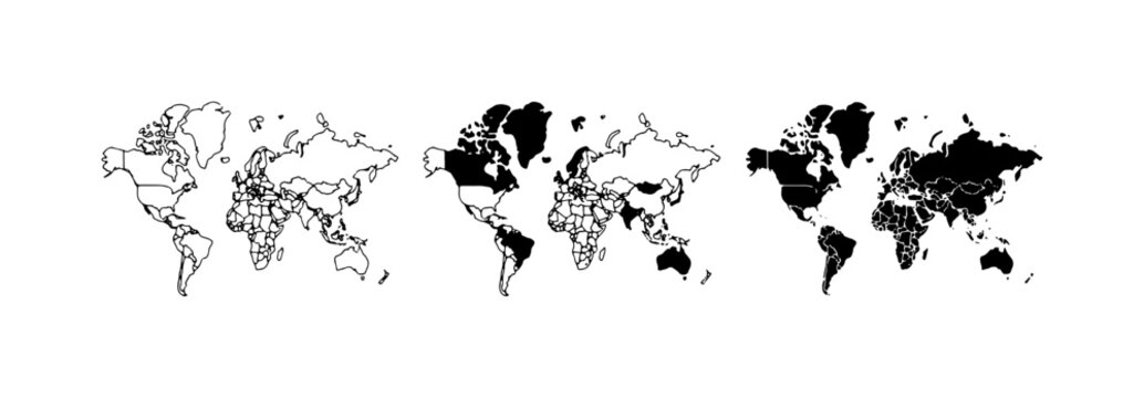 World map set with continent outlines and filled continents for geography and travel