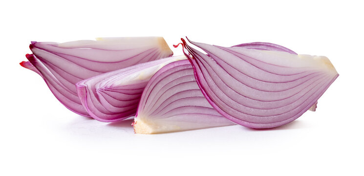 Fresh unpeeled red or purple Spanish onion slices in stack isolated on white background with clipping path