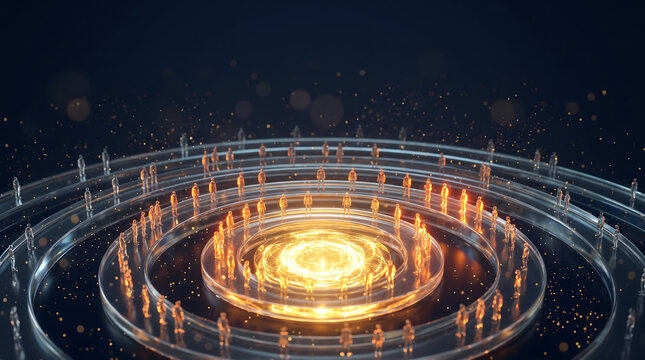 Energy radiates from glowing core, Concentric rings expand across darkness, Golden particles sparkle through futuristic network, Suitable for technology influence innovation themes
