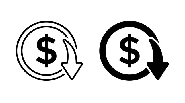 Dollar Coin Icon with Down Arrow Representing Economic Decline Price Drop Cost Reduction and Financial Loss in Vector Style