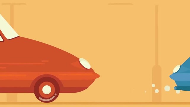 Retro cartoon red cars driving fast with smoke animation in bright flat vector design motion footage