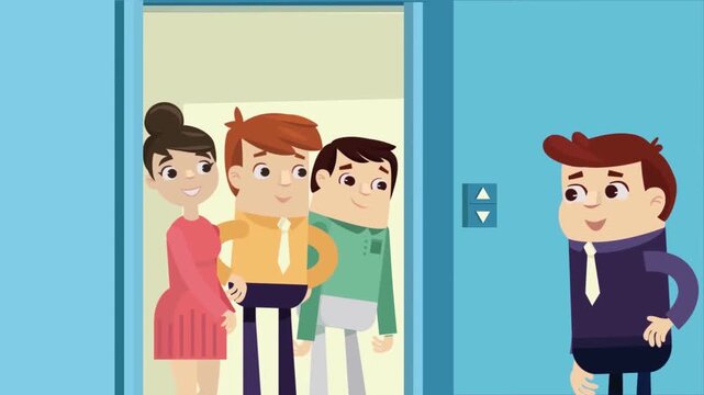 Cartoon characters waiting inside elevator animation clip with colorful design and fun vector motion graphics