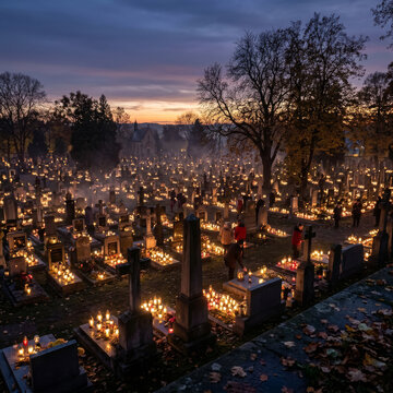 A beautiful cemetery landscape illuminated by thousands of glowing memorial candles during the evening of all saints day in a peaceful european graveyard