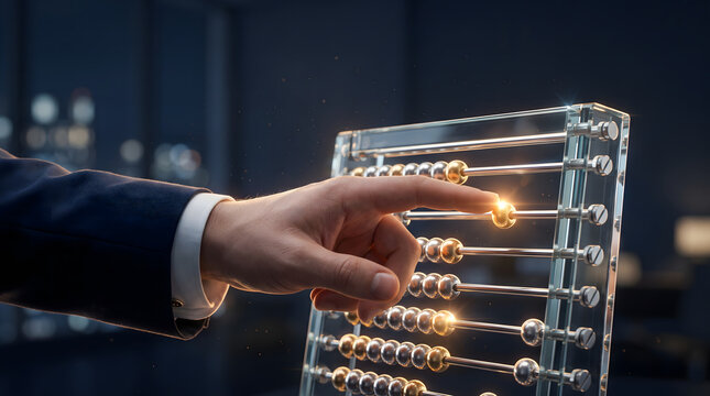 Accounting calculation meets modern finance, Hand slides golden abacus beads, Transparent glass frame glows softly, Suitable for budget tax planning themes