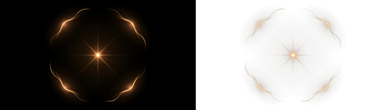 Golden glowing frame with light flare, star burst and sparkle waves abstract light effect template design isolated on transparent background