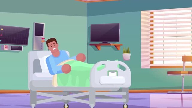 Animated sick man lying in a hospital bed with medical equipment in vector motion graphics clip