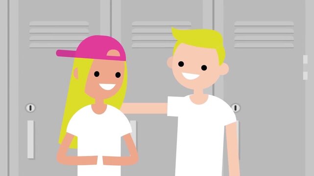 Animated teenage boy talking with a smiling female friend standing together by school lockers in motion video