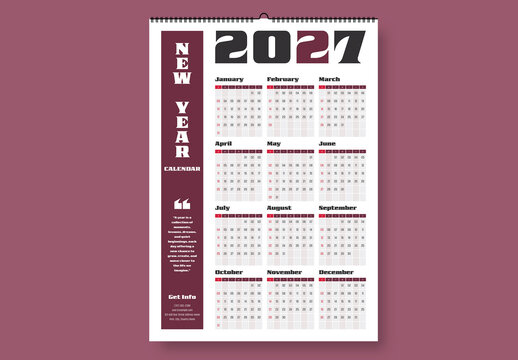 2027 Yearly Calendar Template with Modern Burgundy Monthly Grid Layout