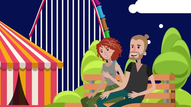 Animated vector couple sitting together on park bench enjoying fun evening at amusement park motion graphics video