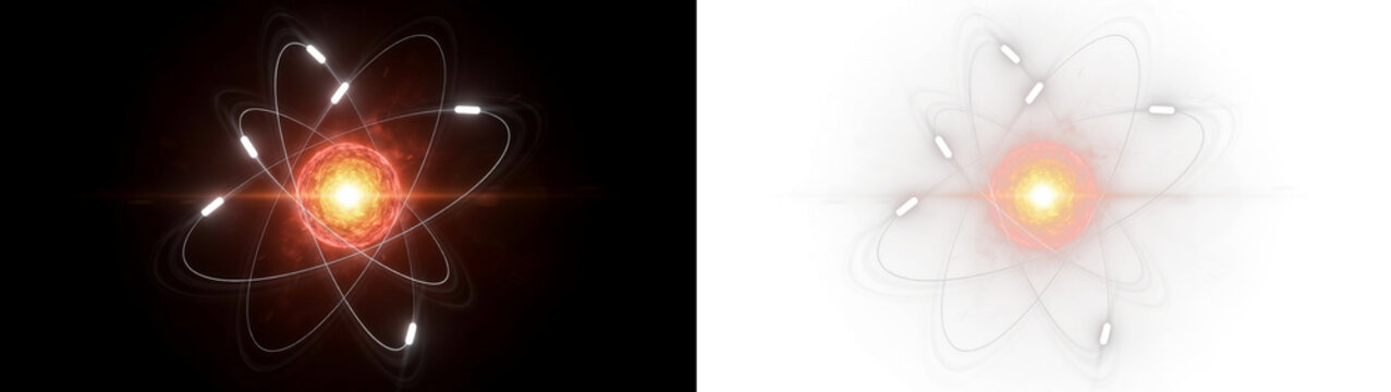 Abstract science background with glowing atom model, energy core, and orbiting electrons scientific concept of atomic structure isolated on transparent background