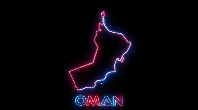 Futuristic neon map of oman with glowing red and blue outline and typography on a black background