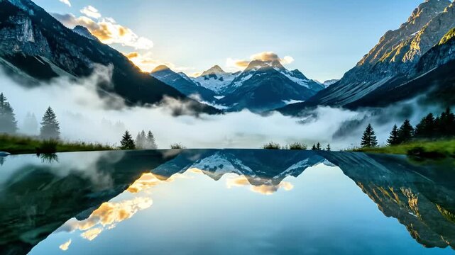Symmetrical reflection of snowy mountains in a calm lake.