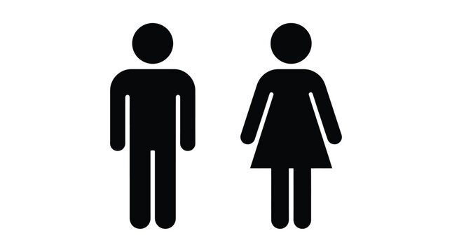 Set of male and female restroom icons with solid black human silhouettes on transparent background.