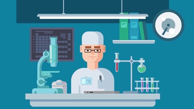 Scientist working in laboratory with microscope and test tubes inside animated digital video clip vector illustration