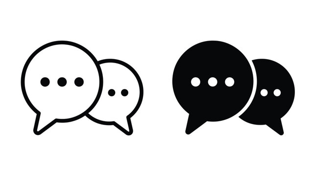 Set of black and white chat bubble icons with three dots for messaging and communication.