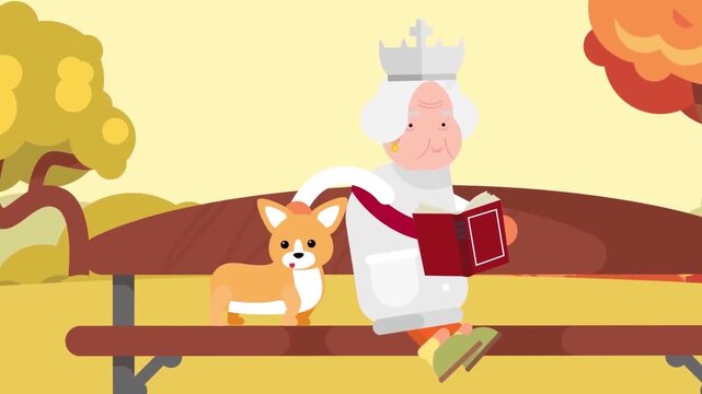 Queen reading a book and petting her cute corgi dog while sitting outdoors on a wooden park bench video footage