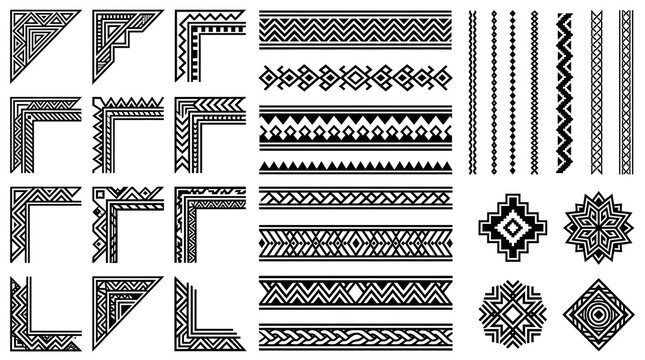 Set of vintage tribal ornament corners and borders for decorative