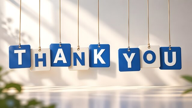 Minimalist Thank You Sign with Blue and White Hanging Tiles in a Bright Room with Natural Shadows
