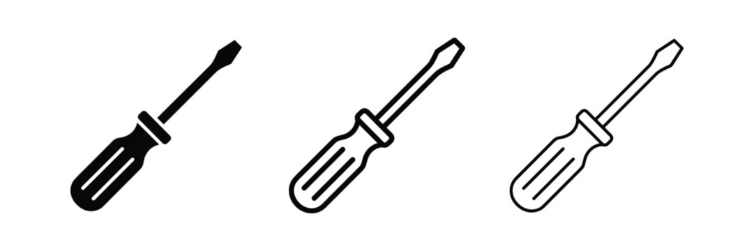 Screwdriver tool icon set featuring solid and outline design variations