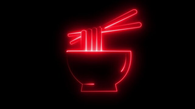 Red neon noodle bowl icon with chopsticks lifting noodles against dark background for food concept