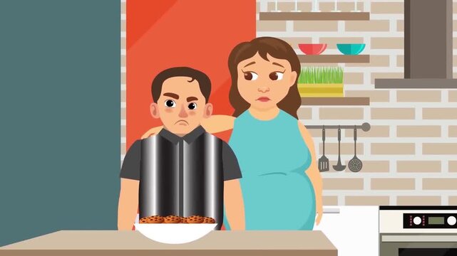 Sad overweight couple standing together in kitchen looking at cookies in bowl video footage