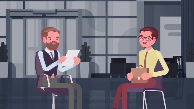 Animated business interview scene showing a manager reading resume and smiling candidate holding briefcase in office