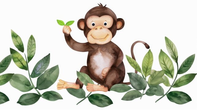 Cute cartoon monkey holding a green leaf surrounded by colorful foliage in a playful and vibrant illustration for children