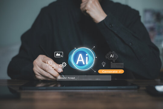Man using stylus on tablet with glowing AI assistant hologram interface. Concept of artificial intelligence technology, generative machine learning, prompt engineering, and digital content creation.