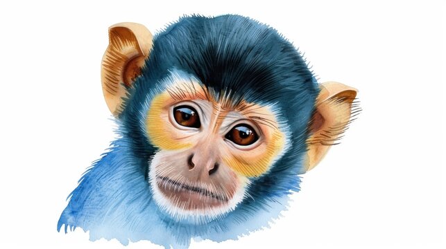 Cute watercolor illustration of a baby monkey with large expressive eyes and fluffy fur on a white background