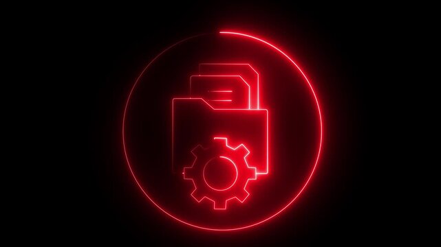 Red neon folder with documents and gear wheel icon glowing in circle animation loop on dark background