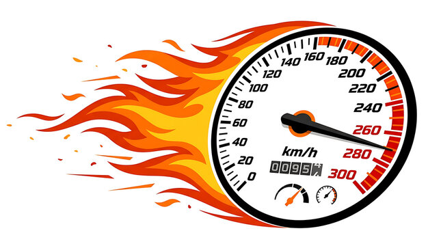 White Car speedometer gauge with flames vector illustration isolated on white background, fast driving concept