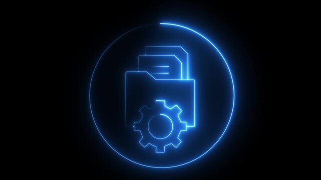 Blue neon glowing folder with document papers and gear settings wheel icon inside circular glowing frame loop animation against black background