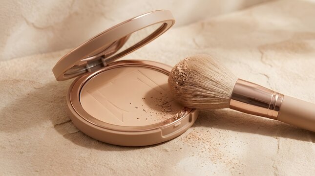 Compact powder case with a soft makeup brush rests on a textured surface in warm daylight.