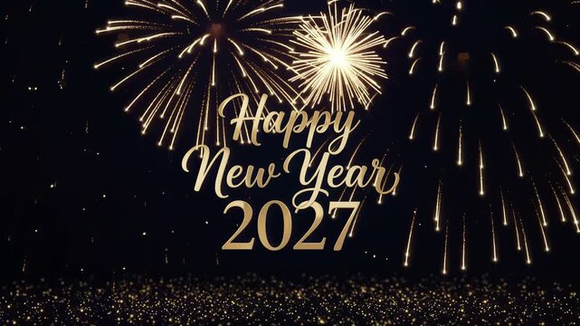 Happy new year 2027 greeting animation with fireworks and gold glitter