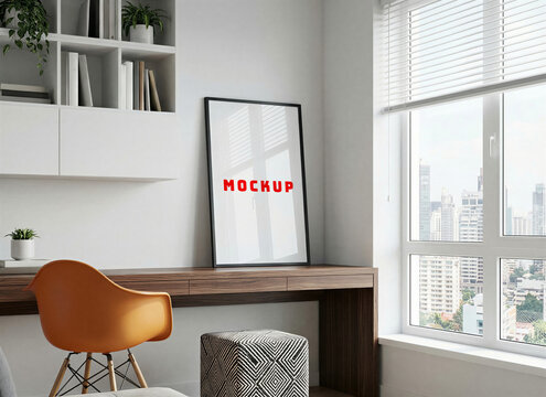 Blank frame mockup on wooden desk in home office. Poster template in bright room with window and bookshelf. Mock up interior with minimalist workspace and orange chair.