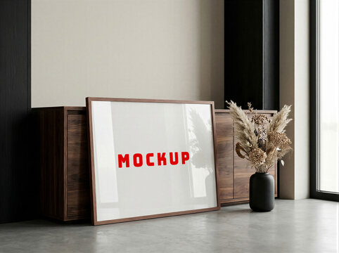 Landscape Poster Mockup, Modern Living Room Interior Design, Horizontal Blank Frame, Minimalist House Background, Frame Mockup