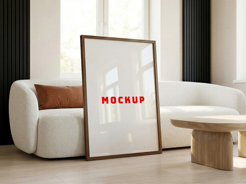 Living Room blank Frame Mockup. Minimalist Interior Artwork Mockups. Vertical Wooden Frame Template. Poster Mock up in modern lounge with white sofa and wooden coffee table.